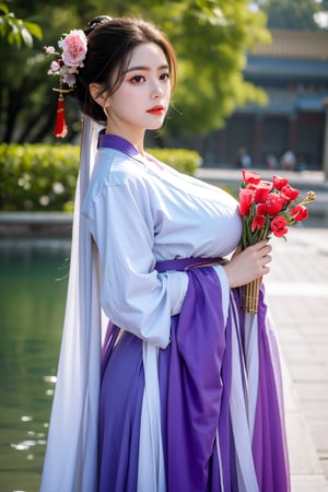 Masterpiece, Best Quality,young and beautiful Chinese girl wearing a cheongsam with coiled hair,wearing vintage Chinese earrings, (big breasts:1.39),1girl, half, (Masterpiece:1.2), best quality,arien_hanfu, 1girl, (pink flowers:1.29), (purple hanfu dress:1.29),looking_at_viewer, , (big breasts:1.53),Young beauty spirit,（The background is the Forbidden City1.39）,Xyunxiao