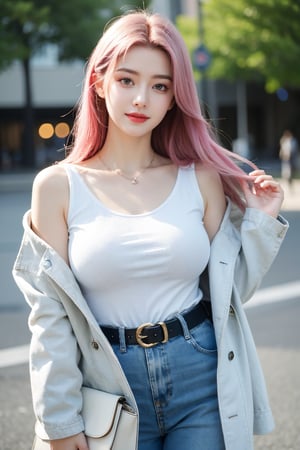 A young woman with vibrant pink hair and long locks framing her heart-shaped face. She gazes directly at the viewer, a warm smile spreading across her closed-mouthed lips. Her green eyes sparkle as she wears a white shirt with a jacket open to reveal a belt and necklace. A bag slung over her shoulder, she stands confidently, her denim jacket worn over a blue one, creating a sense of depth and texture in the blurred background.,Xyunxiao,(big breasts:1.39),