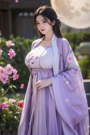 (masterpiece, best quality:1.2), highres, extremely detailed, 1 girl, very long hair, eye highlights,
BREAK,
(light purple hanfu dress:1.39), frills, outdoors, flower, fluttering petals, pefect body, depth of field,pastel color, Depth of field,garden of the sun,shiny,flowers, garden, 1girl, (butterfly style, butterflies:1.2), ultra detailed, glary,Light, light particles,glitter,reflect,,(big breasts:1.62),Xyunxiao,(full moon:1.39),