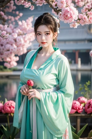 Masterpiece, Best Quality,young and beautiful Chinese girl wearing a cheongsam with coiled hair,wearing vintage Chinese earrings, (big breasts:1.45),1girl, half, (Masterpiece:1.2), best quality,arien_hanfu, 1girl, (spring scene:1.59), (light green hanfu dress:1.29),looking_at_viewer, (big breasts:1.69),Young beauty spirit,(The background is the Forbidden City1.39),Xyunxiao,(Large aperture, blurred background, spring scene, peony flowers:1.39)