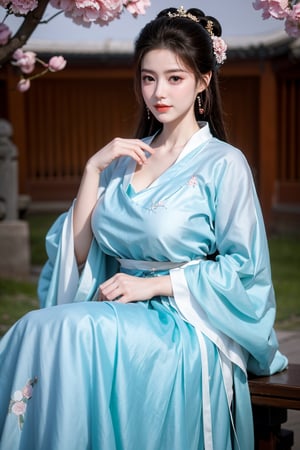 Masterpiece, Best Quality,young and beautiful Chinese girl wearing a cheongsam with coiled hair,wearing vintage Chinese earrings, (big breasts:1.45),1girl, half, (Masterpiece:1.2), best quality,arien_hanfu, 1girl, (spring scene:1.59), (light blue hanfu dress:1.29),looking_at_viewer, (big breasts:1.69),Young beauty spirit,(The background is the Forbidden City1.39),Xyunxiao,(Large aperture, blurred background, spring scene, peony flowers:1.39)