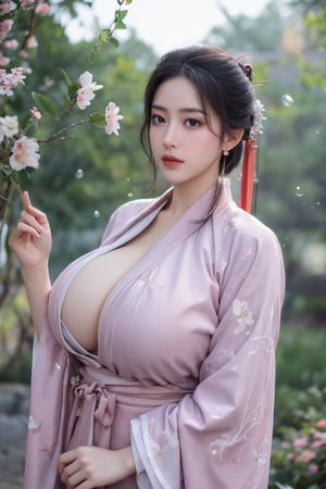 (masterpiece, best quality:1.2), highres, extremely detailed, 1 girl, purple hair, eye highlights,(light red hanfu dress:1.29), frills, outdoors, flower, fluttering petals, upper body, depth of field,pastel color, Depth of field,garden of the sun,shiny,flowers, garden, 1girl, butterfly style, butterflies, ultra detailed, glary,Light, light particles,glitter,reflect,,(big breasts:1.6),Xyunxiao,(full moon:1.29),waterfall 