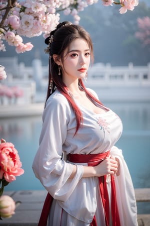 Masterpiece, Best Quality,young and beautiful Chinese girl wearing a cheongsam with coiled hair,wearing vintage Chinese earrings, (big breasts:1.45),1girl, half, (Masterpiece:1.2), best quality,arien_hanfu, 1girl, (spring scene:1.59), (red hanfu dress:1.52),looking_at_viewer, (big breasts:1.69),Young beauty spirit,(The background is the Forbidden City1.39),Xyunxiao,(Large aperture, blurred background, spring scene, peony flowers:1.39)