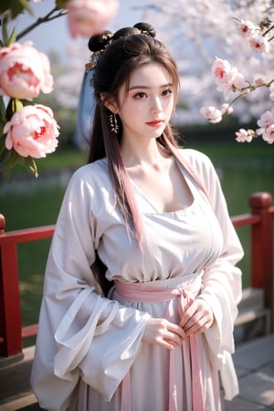 Masterpiece, Best Quality,young and beautiful Chinese girl wearing a cheongsam with coiled hair,wearing vintage Chinese earrings, (big breasts:1.45),1girl, half, (Masterpiece:1.2), best quality,arien_hanfu, 1girl, (spring scene:1.59), (light pink hanfu dress:1.29),looking_at_viewer, (big breasts:1.69),Young beauty spirit,(The background is the Forbidden City1.39),Xyunxiao,(Large aperture, blurred background, spring scene, peony flowers:1.39)