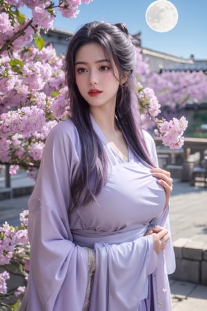 (masterpiece, best quality:1.2), highres, extremely detailed, 1 girl, purple hair, eye highlights,BREAK,(light purple hanfu dress:1.39), frills, outdoors, flower, fluttering petals, upper body, depth of field,pastel color, Depth of field,garden of the sun,shiny,flowers, garden, 1girl, butterfly style, butterflies, ultra detailed, glary,Light, light particles,glitter,reflect,,(big breasts:1.69),Xyunxiao,(full moon:1.29),waterfall 