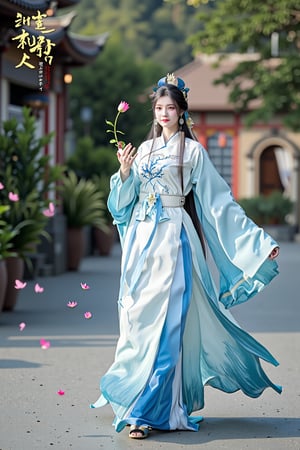 A school girl,solo ,XxiaoxunerX,(blue-white Hanfu dress), lotus, Yunnan ancient town street