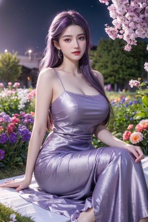(masterpiece, best quality:1.2), highres, extremely detailed, 1 girl, purple hair, eye highlights,purple dress, frills, outdoors, flower, fluttering petals, full body, sitting,depth of field,pastel color, Depth of field,garden of the sun,shiny,flowers, garden, 1girl, butterfly style, butterflies, ultra detailed, glary,Light, light particles,glitter,reflect,,(big breasts:1.33),Xyunxiao,(full moon:1.23)
