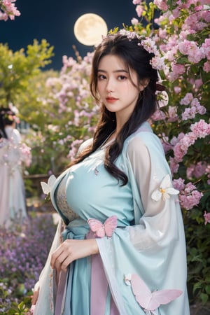 (masterpiece, best quality:1.2), highres, extremely detailed, 1girl, purple hair, eye highlights,BREAK,(light color hanfu dress:1.39), frills, outdoors, flower, fluttering petals, upper body, depth of field,pastel color, Depth of field,(garden of the sun,shiny,flowers, garden, 1girl, butterfly style, butterflies:1.23), ultra detailed, glary,Light, light particles,glitter,reflect,(big breasts:1.69),Xyunxiao,(full moon:1.39),waterfall 