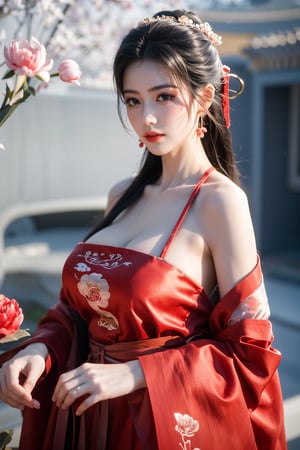 Masterpiece, Best Quality,young and beautiful Chinese girl wearing a cheongsam with coiled hair,wearing vintage Chinese earrings, (big breasts:1.45),1girl, half, (Masterpiece:1.2), best quality,red arien_hanfu, 1girl, (spring scene:1.59), (red hanfu dress:1.52),looking_at_viewer, (big breasts:1.69),Young beauty spirit,(The background is the Forbidden City1.39),Xyunxiao,(Large aperture, blurred background, spring scene, peony flowers:1.39)