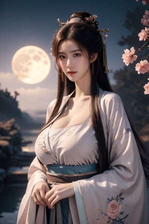 (masterpiece, best quality:1.2), highres, extremely detailed, 1girl, purple hair, eye highlights,BREAK,(light pink hanfu dress:1.39), frills, outdoors, flower, fluttering petals, upper body, depth of field,pastel color, Depth of field,(garden of the sun,shiny,flowers, garden, 1girl, butterfly style, butterflies:1.23), ultra detailed, glary,Light, light particles,glitter,reflect,(big breasts:1.69),Xyunxiao,(full moon:1.39),waterfall 