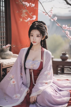 (masterpiece, best quality:1.2),1girl, solo, long hair, black hair,Hairpins,necklace, hair ornament, dress, full body, (huge breasts:2.19), (full breasts:1.69),flower, earrings, indoors, hair bun, (light purple-red dress:1.29),(Tube top Hanfu long skirt:1.1), pillow, bed, night, chinese clothes, table, branch,daxiushan, ,daxiushan style,(huge breasts:2.36), (full breasts:1.79), realistic,hanfu, daxiushan,Shoulders are exposed, , daxiushan, arien_hanfu, FilmGirl,,Xyunxiao,weijin_hanfu,Xningyudie