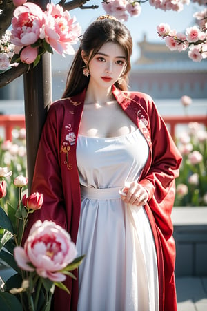 Masterpiece, Best Quality,young and beautiful Chinese girl wearing a cheongsam with coiled hair,wearing vintage Chinese earrings, (big breasts:1.45),1girl, half, (Masterpiece:1.2), best quality,red arien_hanfu, 1girl, (spring scene:1.59), (red hanfu dress:1.52),looking_at_viewer, (big breasts:1.69),Young beauty spirit,(The background is the Forbidden City1.39),Xyunxiao,(Large aperture, blurred background, spring scene, peony flowers:1.39)