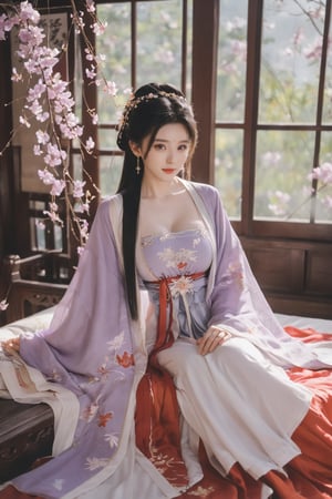 (masterpiece, best quality:1.2),1girl, solo, long hair, black hair,Hairpins,necklace, hair ornament, dress, full body, (huge breasts:2.29), (full breasts:1.69),flower, earrings, indoors, hair bun, (light purple-red dress:1.29),(Tube top Hanfu long skirt:1.1), pillow, bed, night, chinese clothes, table, branch,daxiushan, ,daxiushan style,(huge breasts:2.39), (full breasts:1.79), realistic,hanfu, daxiushan,Shoulders are exposed, , daxiushan, arien_hanfu, FilmGirl,,Xyunxiao,weijin_hanfu,Xningyudie