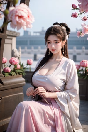 Masterpiece, Best Quality,young and beautiful Chinese girl wearing a cheongsam with coiled hair,wearing vintage Chinese earrings, (big breasts:1.45),1girl, half, (Masterpiece:1.2), best quality,arien_hanfu, 1girl, (spring scene:1.59), (light red hanfu dress:1.29),looking_at_viewer, (big breasts:1.69),Young beauty spirit,(The background is the Forbidden City1.39),Xyunxiao,(Large aperture, blurred background, spring scene, peony flowers:1.39)