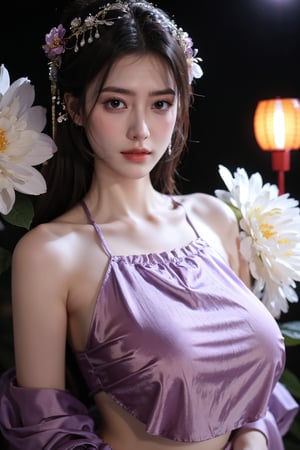   (masterpiece, best quality:1.2),1girl, navel, solo, midriff, bare shoulders, lantern, hair ornament, flower, hair flower, paper lantern, black hair, red lips, looking at viewer, chinese clothes, (light purple dress:1.29), purple eyes,blurry, solo focus, long hair, lips, night, lipstick, outdoors, upper body, blurry,(huge breasts:1.46), background, solo, makeup, hair bun,Xyunxiao,full moon