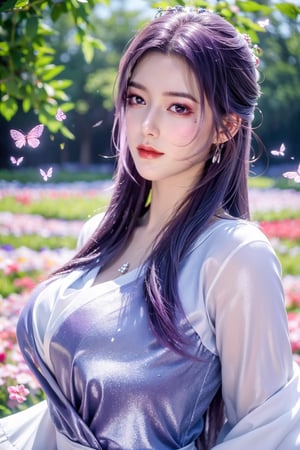 (masterpiece, best quality:1.2), highres, extremely detailed, 1 girl, purple hair, eye highlights,purple dress, frills, outdoors, flower, fluttering petals, upper body, depth of field,pastel color, Depth of field,garden of the sun,shiny,flowers, garden, 1girl, butterfly style, butterflies, ultra detailed, glary,Light, light particles,glitter,reflect,,(big breasts:1.29),Xyunxiao,sky_moon