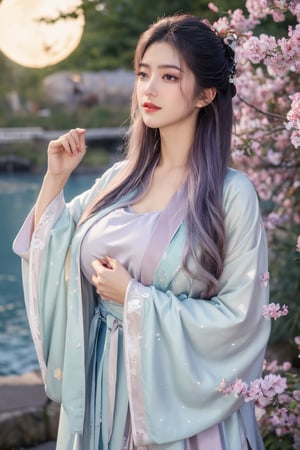 (masterpiece, best quality:1.2), highres, extremely detailed, 1girl, purple hair, eye highlights,BREAK,(light color hanfu dress:1.39), frills, outdoors, flower, fluttering petals, upper body, depth of field,pastel color, Depth of field,(garden of the sun,shiny,flowers, garden, 1girl, butterfly style, butterflies:1.23), ultra detailed, glary,Light, light particles,glitter,reflect,(big breasts:1.69),Xyunxiao,(full moon:1.39),waterfall 