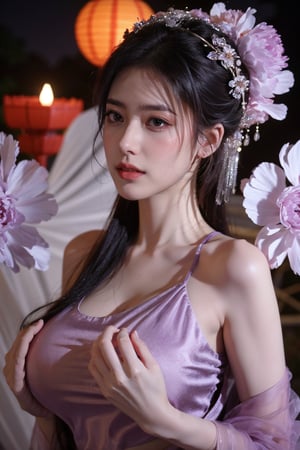   (masterpiece, best quality:1.2),1girl, navel, solo, midriff, bare shoulders, lantern, hair ornament, flower, hair flower, paper lantern, black hair, red lips, looking at viewer, chinese clothes, (light purple dress:1.29), purple eyes,blurry, solo focus, long hair, lips, night, lipstick, outdoors, upper body, blurry,(huge breasts:1.46), background, solo, makeup, hair bun,Xyunxiao,full moon