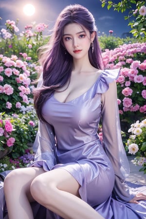 (masterpiece, best quality:1.2), highres, extremely detailed, 1 girl, purple hair, eye highlights,purple dress, frills, outdoors, flower, fluttering petals, full body, sitting,depth of field,pastel color, Depth of field,garden of the sun,shiny,flowers, garden, 1girl, butterfly style, butterflies, ultra detailed, glary,Light, light particles,glitter,reflect,,(big breasts:1.37),Xyunxiao,full moon