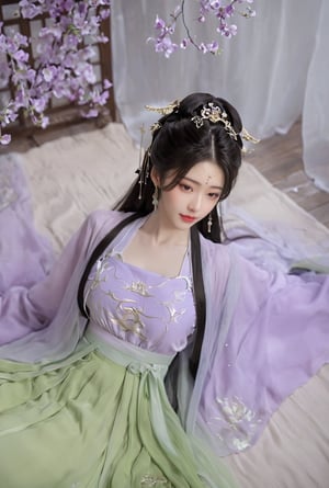 (masterpiece, best quality:1.2),1girl, solo, long hair, black hair,Hairpins,necklace, hair ornament, dress, full body, flower, earrings, indoors, hair bun, (purple-green dress:1.23),(Tube top Hanfu long skirt:1.1), pillow, bed, night, chinese clothes, table, branch,daxiushan, ,daxiushan style,(huge breasts:1.99), (full breasts:1.59), realistic,hanfu, daxiushan,Shoulders are exposed, , daxiushan, arien_hanfu, FilmGirl,Xningyudie