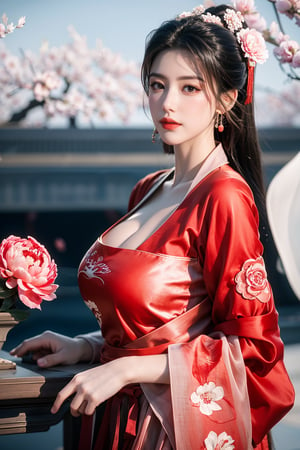 Masterpiece, Best Quality,young and beautiful Chinese girl wearing a cheongsam with coiled hair,wearing vintage Chinese earrings, (big breasts:1.45),1girl, half, (Masterpiece:1.2), best quality,red arien_hanfu, 1girl, (spring scene:1.59), (red hanfu dress:1.52),looking_at_viewer, (big breasts:1.69),Young beauty spirit,(The background is the Forbidden City1.39),Xyunxiao,(Large aperture, blurred background, spring scene, peony flowers:1.39)