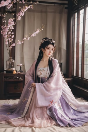 (masterpiece, best quality:1.2),1girl, solo, long hair, black hair,Hairpins,necklace, hair ornament, dress, full body, (huge breasts:2.29), (full breasts:1.69),flower, earrings, indoors, hair bun, (light purple-black dress:1.29),(Tube top Hanfu long skirt:1.1), pillow, bed, night, chinese clothes, table, branch,daxiushan, ,daxiushan style,(huge breasts:2.39), (full breasts:1.79), realistic,hanfu, daxiushan,Shoulders are exposed, , daxiushan, arien_hanfu, FilmGirl,,Xyunxiao,weijin_hanfu,Xningyudie