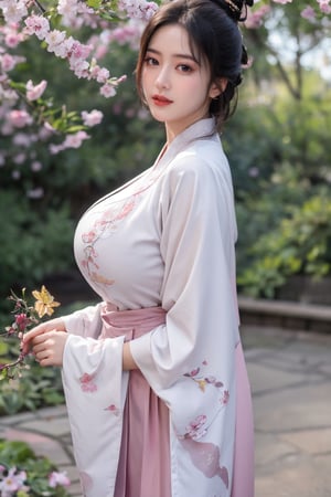 (masterpiece, best quality:1.2), highres, extremely detailed, 1 girl, purple hair, eye highlights,(light red hanfu dress:1.29), frills, outdoors, flower, fluttering petals, upper body, depth of field,pastel color, Depth of field,garden of the sun,shiny,flowers, garden, 1girl, butterfly style, butterflies, ultra detailed, glary,Light, light particles,glitter,reflect,,(big breasts:1.63),Xyunxiao,(full moon:1.23)