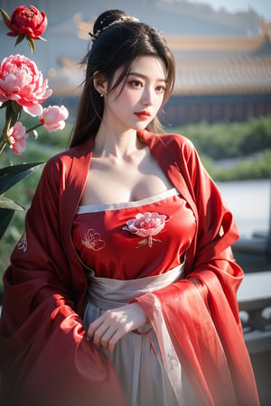 Masterpiece, Best Quality,young and beautiful Chinese girl wearing a cheongsam with coiled hair,wearing vintage Chinese earrings, (big breasts:1.45),1girl, half, (Masterpiece:1.2), best quality,red arien_hanfu, 1girl, (spring scene:1.59), (red hanfu dress:1.52),looking_at_viewer, (big breasts:1.69),Young beauty spirit,(The background is the Forbidden City1.39),Xyunxiao,(Large aperture, blurred background, spring scene, peony flowers:1.39)