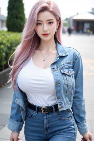 A young woman with vibrant pink hair and long locks framing her heart-shaped face. She gazes directly at the viewer, a warm smile spreading across her closed-mouthed lips. Her green eyes sparkle as she wears a white shirt with a jacket open to reveal a belt and necklace. A bag slung over her shoulder, she stands confidently, her denim jacket worn over a blue one, creating a sense of depth and texture in the blurred background.,Xyunxiao,(big breasts:1.69),Ziling