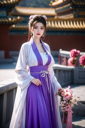 Masterpiece, Best Quality,young and beautiful Chinese girl wearing a cheongsam with coiled hair,wearing vintage Chinese earrings, (big breasts:1.39),1girl, half, (Masterpiece:1.2), best quality,arien_hanfu, 1girl, (pink flowers:1.29), (purple hanfu dress:1.29),looking_at_viewer, , (big breasts:1.53),Young beauty spirit,（The background is the Forbidden City1.39）,Xyunxiao