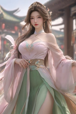   (masterpiece, best quality:1.2), realistic,1girl, solo, looking at viewer, (light pink-green dress:1.29).realistic, midriff, bare shoulders, standting, hair ornament, long hair, jewelry, brown hair, parted lips, skirt, short skirt, cowboy shot,Xyunxiao, ,(huge breasts:1.69), 