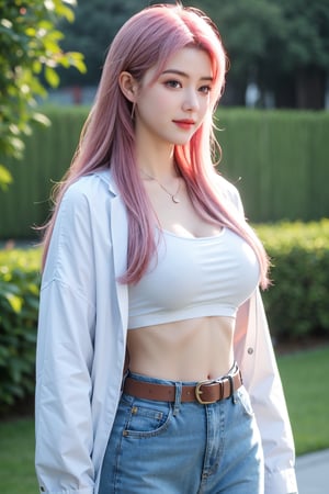 A young girl with vibrant pink hair and long locks framing her heart-shaped face. She gazes directly at the viewer, a warm smile spreading across her closed-mouthed lips. Her green eyes sparkle as she wears a white shirt with a jacket open to reveal a belt and necklace. A bag slung over her shoulder, she stands confidently, her denim jacket worn over a blue one, creating a sense of depth and texture in the blurred background.,Xyunxiao,(big breasts:1.59),Ziling