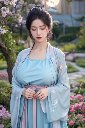 (masterpiece, best quality:1.2), highres, extremely detailed, 1girl, purple hair, eye highlights,BREAK,(light blue hanfu dress:1.39), frills, outdoors, flower, fluttering petals, upper body, depth of field,pastel color, Depth of field,(garden of the sun,shiny,flowers, garden, 1girl, butterfly style, butterflies:1.23), ultra detailed, glary,Light, light particles,glitter,reflect,(big breasts:1.69),Xyunxiao,(full moon:1.39),waterfall 