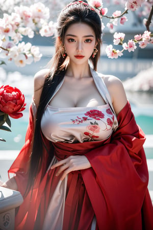 Masterpiece, Best Quality,young and beautiful Chinese girl wearing a cheongsam with coiled hair,wearing vintage Chinese earrings, (big breasts:1.45),1girl, half, (Masterpiece:1.2), best quality,red arien_hanfu, 1girl, (spring scene:1.59), (red hanfu dress:1.52),looking_at_viewer, (big breasts:1.69),Young beauty spirit,(The background is the Forbidden City1.39),Xyunxiao,(Large aperture, blurred background, spring scene, peony flowers:1.39)