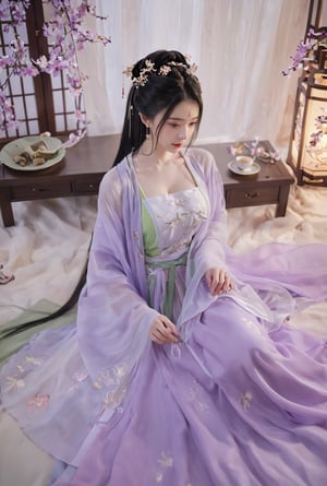 (masterpiece, best quality:1.2),1girl, solo, long hair, black hair,Hairpins,necklace, hair ornament, dress, full body, flower, earrings, indoors, hair bun, (purple-green dress:1.23),(Tube top Hanfu long skirt:1.1), pillow, bed, night, chinese clothes, table, branch,daxiushan, ,daxiushan style,(huge breasts:1.99), (full breasts:1.59), realistic,hanfu, daxiushan,Shoulders are exposed, , daxiushan, arien_hanfu, FilmGirl,Xningyudie