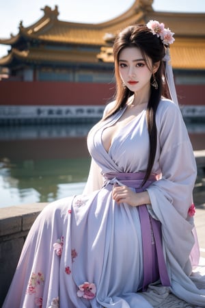 Masterpiece, Best Quality,young and beautiful Chinese girl wearing a cheongsam with coiled hair,wearing vintage Chinese earrings, (big breasts:1.39),1girl, half, (Masterpiece:1.2), best quality,arien_hanfu, 1girl, (pink flowers:1.29), (purple hanfu dress:1.29),looking_at_viewer, , (big breasts:1.53),Young beauty spirit,（The background is the Forbidden City1.39）,Xyunxiao