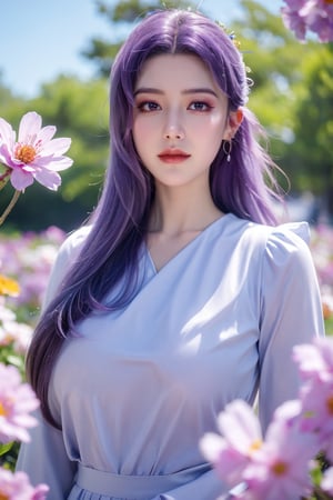 (masterpiece, best quality:1.2), highres, extremely detailed, 1 girl, purple hair, eye highlights,purple dress, frills, outdoors, flower, fluttering petals, upper body, depth of field,pastel color, Depth of field,garden of the sun,shiny,flowers, garden, 1girl, butterfly style, butterflies, ultra detailed, glary,Light, light particles,glitter,reflect,,(big breasts:1.29),Xyunxiao,sky_moon