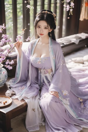 (masterpiece, best quality:1.2),1girl, solo, long hair, black hair,Hairpins,necklace, hair ornament, dress, full body, (huge breasts:2.29), (full breasts:1.69),flower, earrings, indoors, hair bun, (light purple-white dress:1.29),(Tube top Hanfu long skirt:1.1), pillow, bed, night, chinese clothes, table, branch,daxiushan, ,daxiushan style,(huge breasts:2.39), (full breasts:1.79), realistic,hanfu, daxiushan,Shoulders are exposed, , daxiushan, arien_hanfu, FilmGirl,,Xyunxiao,weijin_hanfu,Xningyudie