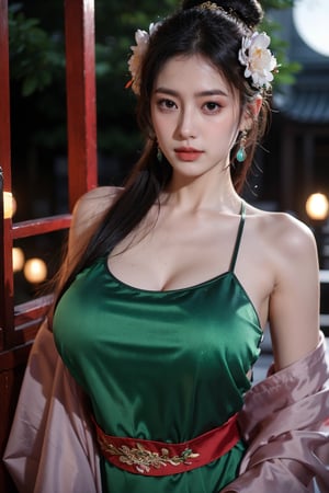   (masterpiece, best quality:1.2),1girl, navel, solo, midriff, bare shoulders, lantern, hair ornament, flower, hair flower, paper lantern, black hair, red lips, looking at viewer, chinese clothes, (light green dress:1.29), purple eyes,blurry, solo focus, long hair, lips, night, lipstick, outdoors, upper body, blurry,(huge breasts:1.45), background, solo, makeup, hair bun,Xyunxiao,(full moon:1.23)