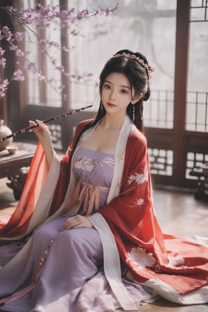 (masterpiece, best quality:1.2),1girl, solo, long hair, black hair,Hairpins,necklace, hair ornament, dress, full body, (huge breasts:2.19), (full breasts:1.69),flower, earrings, indoors, hair bun, (light purple-red dress:1.29),(Tube top Hanfu long skirt:1.1), pillow, bed, night, chinese clothes, table, branch,daxiushan, ,daxiushan style,(huge breasts:2.36), (full breasts:1.79), realistic,hanfu, daxiushan,Shoulders are exposed, , daxiushan, arien_hanfu, FilmGirl,,Xyunxiao,weijin_hanfu,Xningyudie