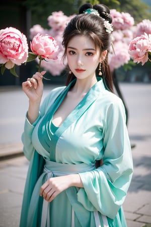 Masterpiece, Best Quality,young and beautiful Chinese girl wearing a cheongsam with coiled hair,wearing vintage Chinese earrings, (big breasts:1.45),1girl, half, (Masterpiece:1.2), best quality,arien_hanfu, 1girl, (spring scene:1.59), (light green hanfu dress:1.29),looking_at_viewer, (big breasts:1.69),Young beauty spirit,(The background is the Forbidden City1.39),Xyunxiao,(Large aperture, blurred background, spring scene, peony flowers:1.39)