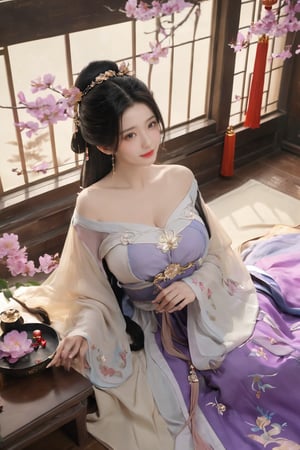 1girl, solo, long hair, black hair,Hairpins,necklace, hair ornament, dress, full body, flower, earrings, indoors, hair bun, (purple dress),(Tube top Hanfu long skirt:1.1), pillow, bed, night, chinese clothes, table, branch,daxiushan, ,daxiushan style,(huge breasts:1.99), (full breasts:1.59), realistic,hanfu, daxiushan,Shoulders are exposed, , daxiushan, arien_hanfu, FilmGirl,Xziling