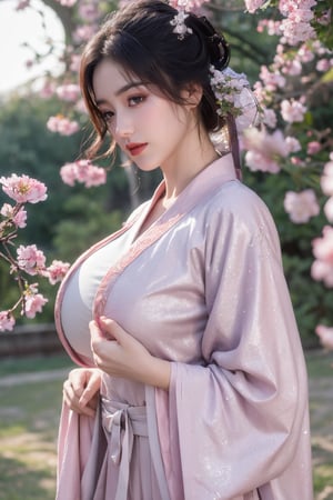 (masterpiece, best quality:1.2), highres, extremely detailed, 1 girl, purple hair, eye highlights,(light red hanfu dress:1.29), frills, outdoors, flower, fluttering petals, upper body, depth of field,pastel color, Depth of field,garden of the sun,shiny,flowers, garden, 1girl, butterfly style, butterflies, ultra detailed, glary,Light, light particles,glitter,reflect,,(big breasts:1.63),Xyunxiao,(full moon:1.23)