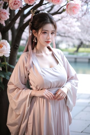 Masterpiece, Best Quality,young and beautiful Chinese girl wearing a cheongsam with coiled hair,wearing vintage Chinese earrings, (big breasts:1.45),1girl, half, (Masterpiece:1.2), best quality,arien_hanfu, 1girl, (spring scene:1.59), (light pink hanfu dress:1.29),looking_at_viewer, (big breasts:1.69),Young beauty spirit,(The background is the Forbidden City1.39),Xyunxiao,(Large aperture, blurred background, spring scene, peony flowers:1.39)