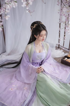 (masterpiece, best quality:1.2),1girl, solo, long hair, black hair,Hairpins,necklace, hair ornament, dress, full body, flower, earrings, indoors, hair bun, (purple-green dress:1.23),(Tube top Hanfu long skirt:1.1), pillow, bed, night, chinese clothes, table, branch,daxiushan, ,daxiushan style,(huge breasts:1.99), (full breasts:1.59), realistic,hanfu, daxiushan,Shoulders are exposed, , daxiushan, arien_hanfu, FilmGirl,Xningyudie