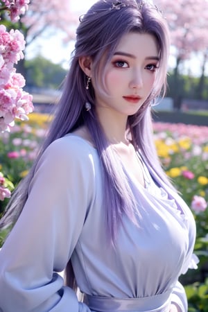 (masterpiece, best quality:1.2), highres, extremely detailed, 1 girl, purple hair, eye highlights,purple dress, frills, outdoors, flower, fluttering petals, upper body, depth of field,pastel color, Depth of field,garden of the sun,shiny,flowers, garden, 1girl, butterfly style, butterflies, ultra detailed, glary,Light, light particles,glitter,reflect,,(big breasts:1.29),Xyunxiao,sky_moon,Ziling