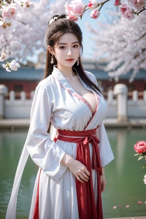 Masterpiece, Best Quality,young and beautiful Chinese girl wearing a cheongsam with coiled hair,wearing vintage Chinese earrings, (big breasts:1.45),1girl, half, (Masterpiece:1.2), best quality,arien_hanfu, 1girl, (spring scene:1.59), (red hanfu dress:1.29),looking_at_viewer, (big breasts:1.69),Young beauty spirit,(The background is the Forbidden City1.39),Xyunxiao,(Large aperture, blurred background, spring scene, peony flowers:1.39)