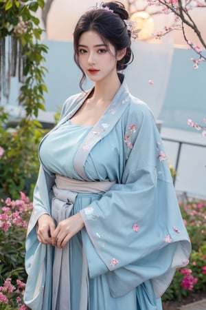 (masterpiece, best quality:1.2), highres, extremely detailed, 1girl, purple hair, eye highlights,BREAK,(light blue hanfu dress:1.39), frills, outdoors, flower, fluttering petals, upper body, depth of field,pastel color, Depth of field,(garden of the sun,shiny,flowers, garden, 1girl, butterfly style, butterflies:1.23), ultra detailed, glary,Light, light particles,glitter,reflect,(big breasts:1.69),Xyunxiao,(full moon:1.39),waterfall 