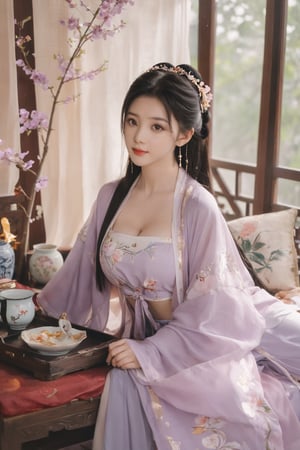 (masterpiece, best quality:1.2),1girl, solo, long hair, black hair,Hairpins,necklace, hair ornament, dress, full body, (huge breasts:2.29), (full breasts:1.69),flower, earrings, indoors, hair bun, (light purple-yellow dress:1.29),(Tube top Hanfu long skirt:1.1), pillow, bed, night, chinese clothes, table, branch,daxiushan, ,daxiushan style,(huge breasts:2.39), (full breasts:1.79), realistic,hanfu, daxiushan,Shoulders are exposed, , daxiushan, arien_hanfu, FilmGirl,,Xyunxiao,weijin_hanfu,Xningyudie