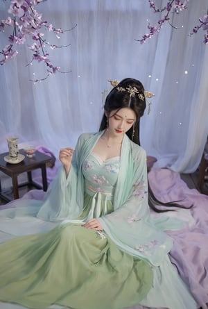 (masterpiece, best quality:1.2),1girl, solo, long hair, black hair,Hairpins,necklace, hair ornament, dress, full body, flower, earrings, indoors, hair bun, (purple-green dress:1.23),(Tube top Hanfu long skirt:1.1), pillow, bed, night, chinese clothes, table, branch,daxiushan, ,daxiushan style,(huge breasts:1.99), (full breasts:1.59), realistic,hanfu, daxiushan,Shoulders are exposed, , daxiushan, arien_hanfu, FilmGirl,Xningyudie